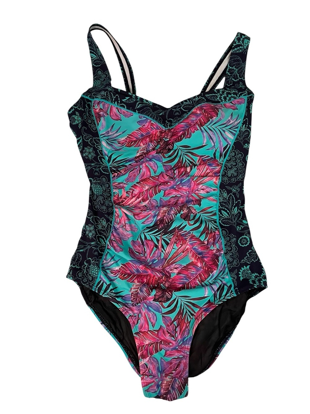 Sundance Tropical Print Kailani Ruched One Piece Swimsuit Large Teal 10/12